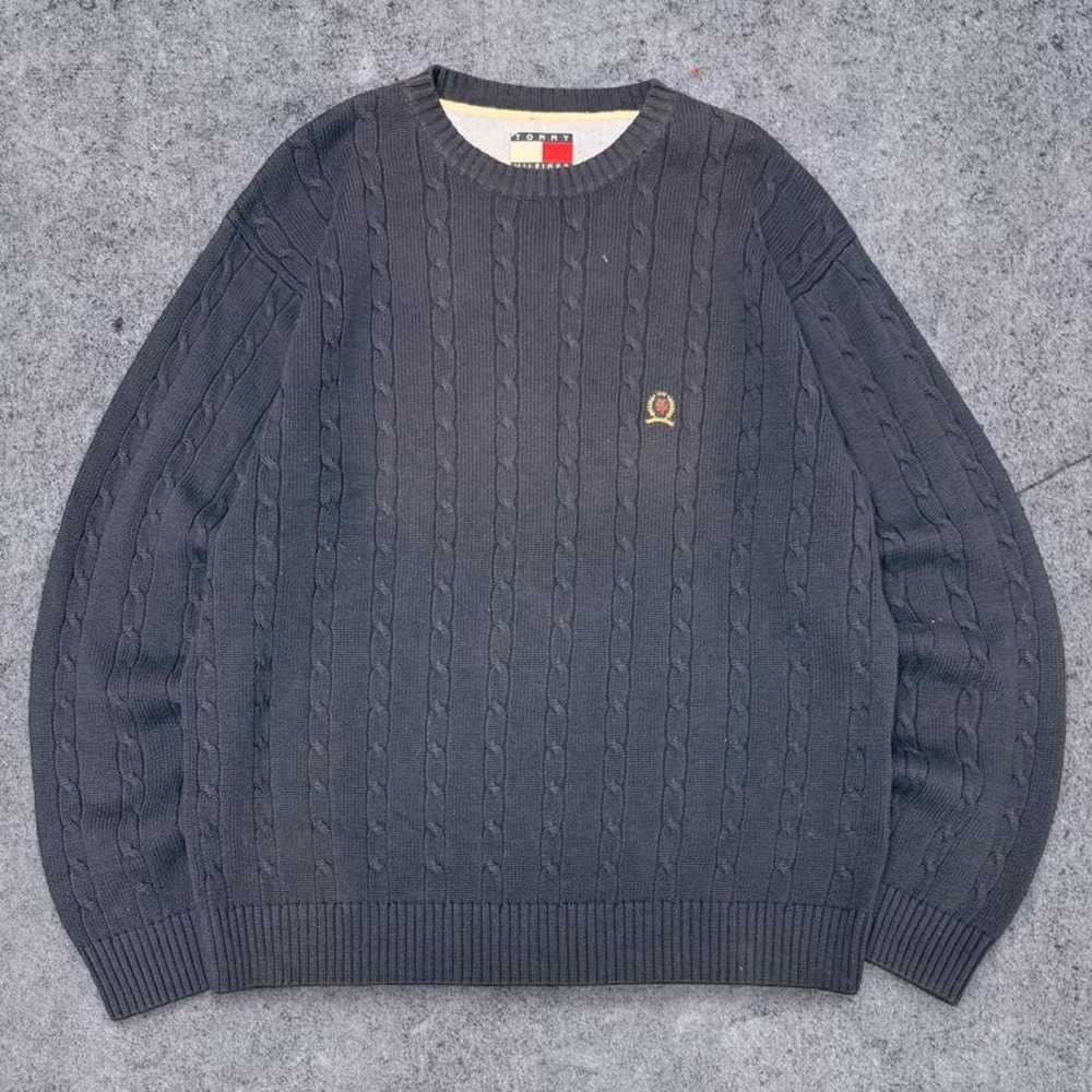 Tommy Hilfiger Mens Navy Blue Cable Knit Crewneck Sweater Size L Crest Logo